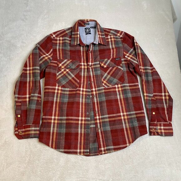 Volcom Mens Flannel Shirt Small Classic Fit Red Plaid Cotton Blend Long Sleeve - Picture 9 of 9